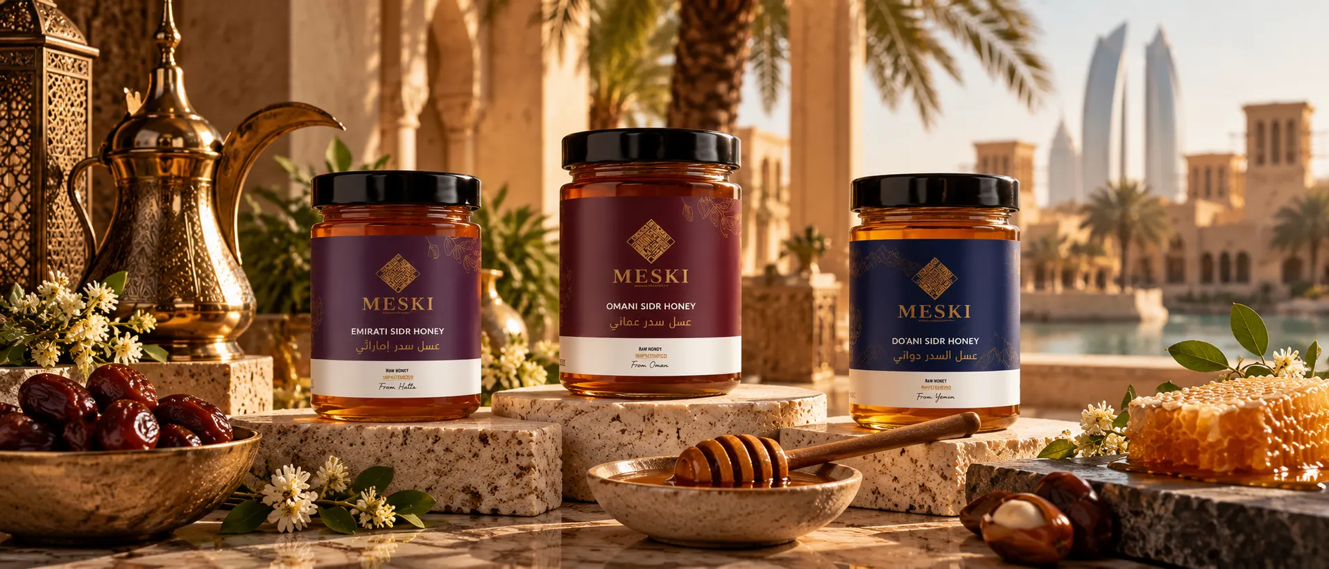 Three carefully chosen honey jars representing different buying choices in the UAE