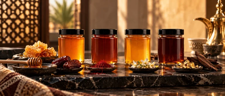 Premium comparative honey gift scene with distinct unbranded jars representing Sidr, Samar, Ghaf and Manuka, no readable labels