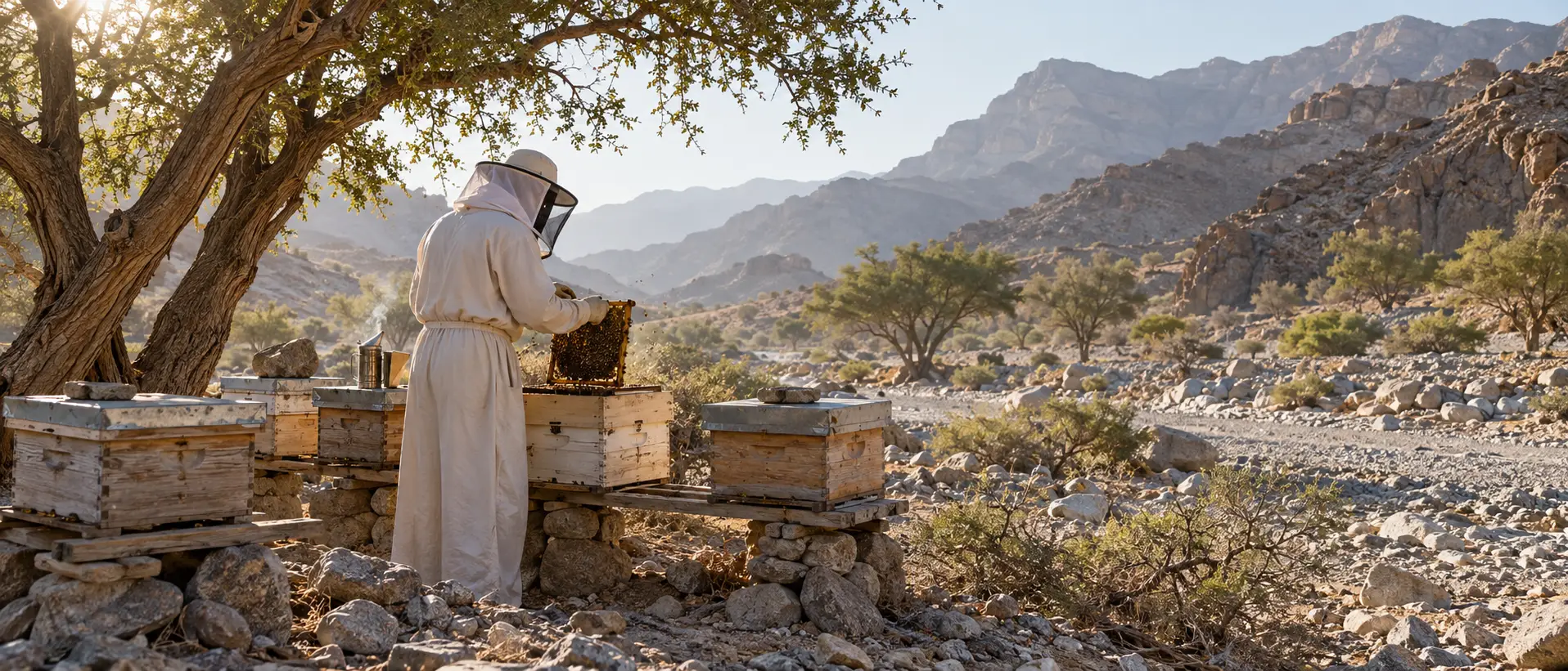 Remote mountain apiary in Arabian wadi with beekeeper walking toward hives at dawn